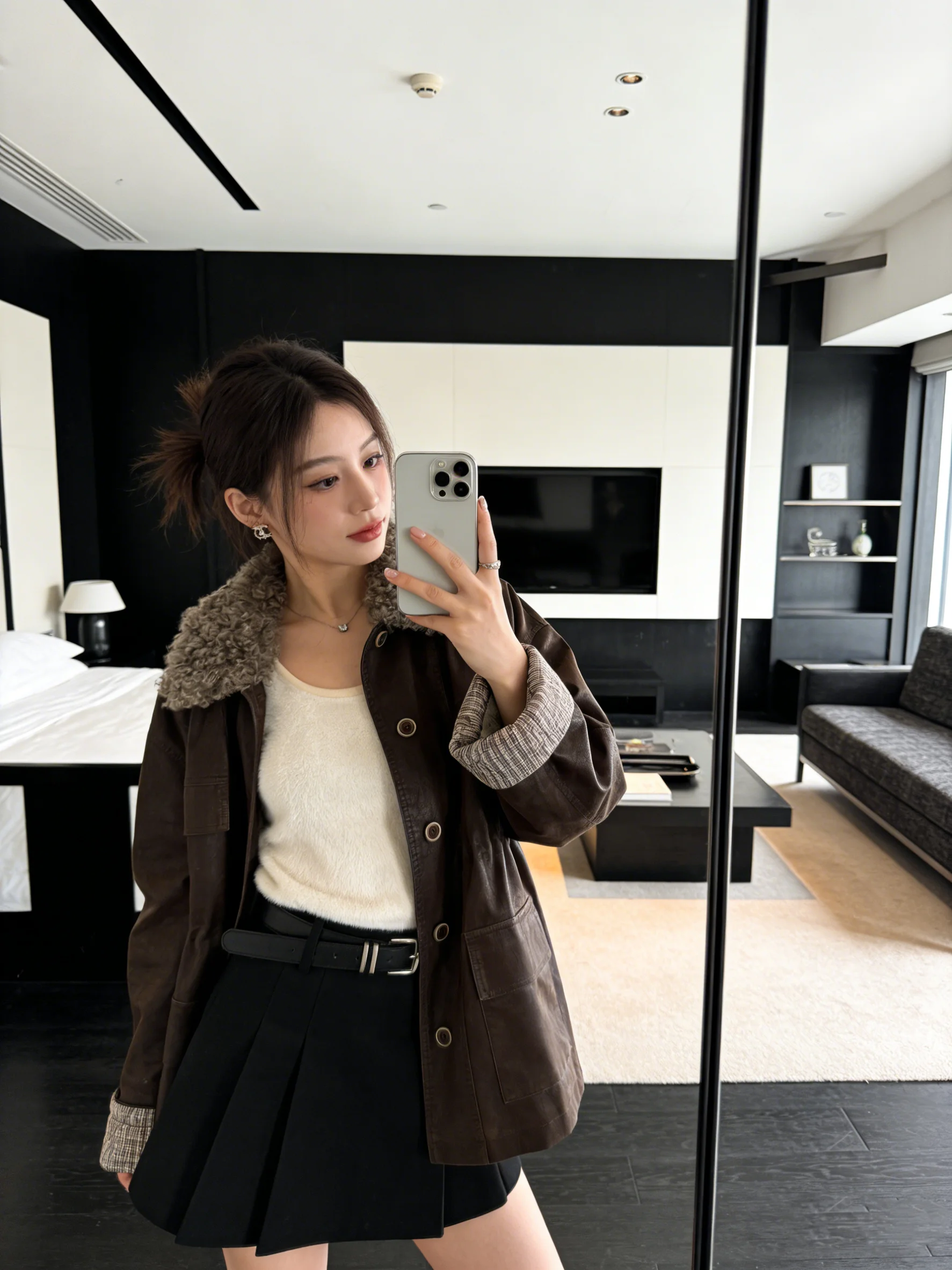 

Korean Sle Faux Leather Jaet Long Sve Warmth Collar Coat Loose Fit Winter Outerwear with Fce for Young Women