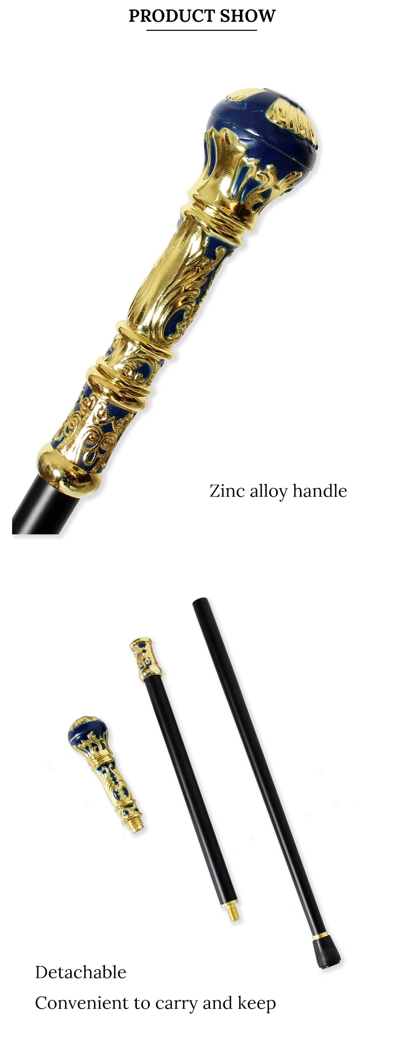 Victorian Blue Gold Embossed Round Handle Walking Cane Detachable Vintage Walking Stick for Cosplay Party Prop for Men And Women