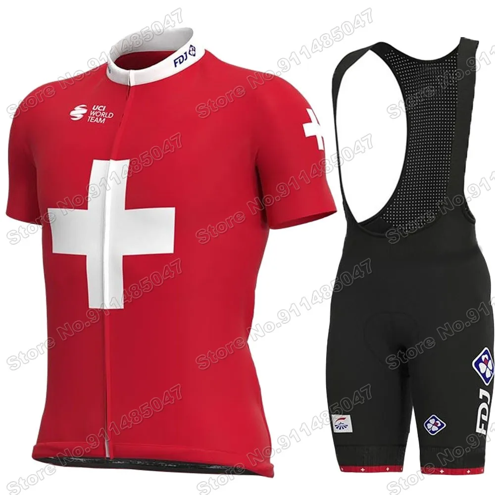 Suit Fdj Swiss Team Cycling Jersey Set 2022 Mens Red Clothing Road Bike Shirts Bicycle Bib Shorts MTB Wear Ropa Ciclismo