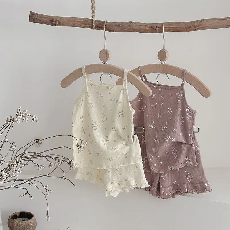 100% Cotton Kids Summer Clothing Sets Baby Girls Summer Korean Ruffled Sleeveless Knitted Suspender Floral 0-4Y Children Outfits