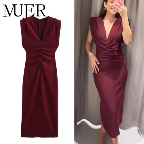 MUJER Pleated Long Dresses for Women Sleeveless Evening Womens Dresses Chic Party Midi Dress Woman Draped Bodycon Women's Dress