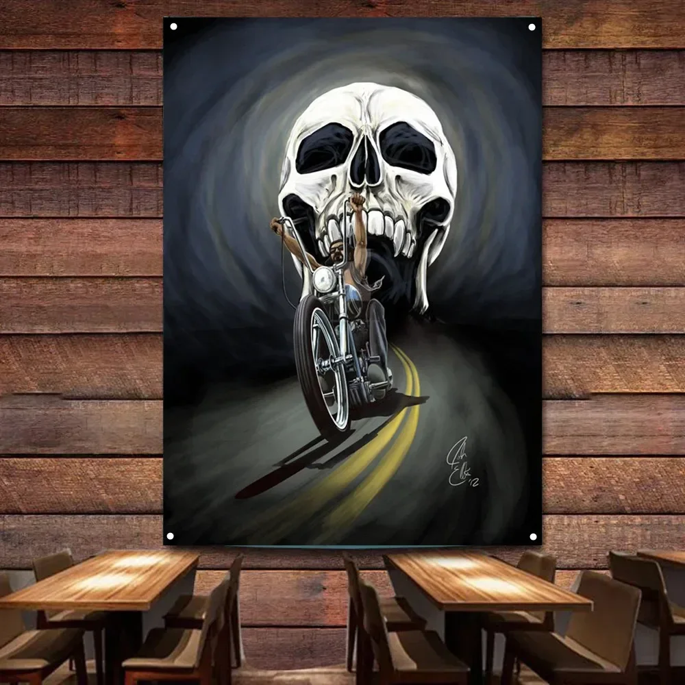 

Skull Motorcycle Flag Tapestry Banner Motor Rider Decor Poster Wall Art Vintage Sign Motor Car Painting For Garage Man Cave