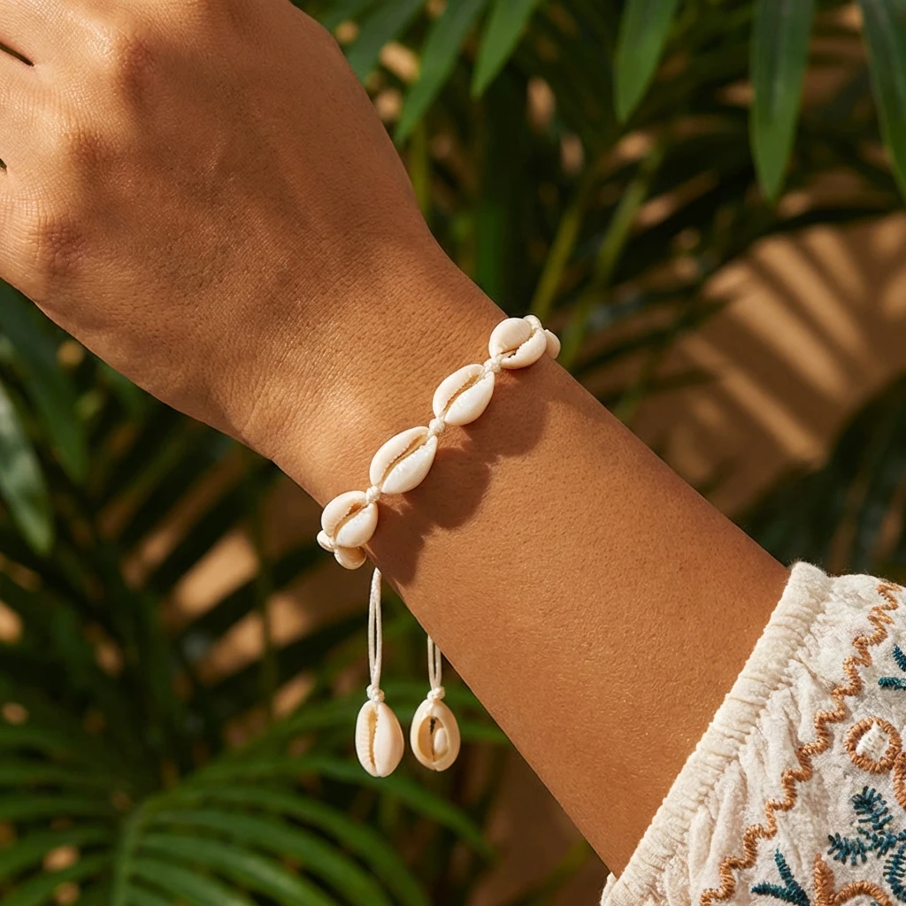 Pulseira de Conchas Boêmia para Mulheres, Feita à Mão com Corda Trançada Ajustável, Joia de Praia de Verão