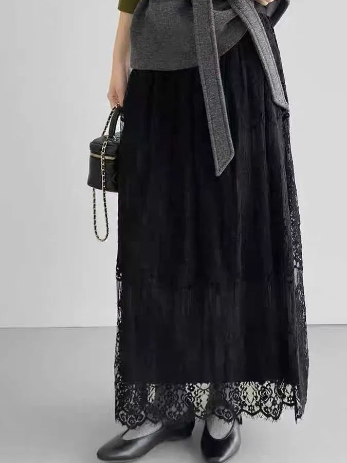 Cintura alta renda a linha midi saia feminina outono inverno dupla face usar me saia plissada francês sle solto ajuste casual