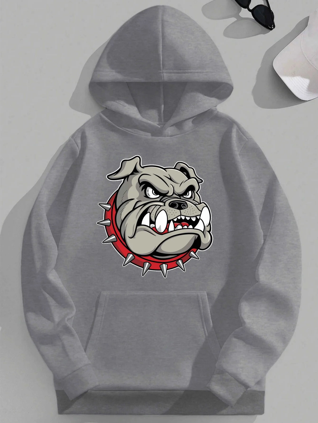 

[Polyester Hooded Sweatshirt] 1pc Plus Size Men's Casual Polyester Hooded Sweatshirt - Loose Fit, Fierce Bulldog Print, Knitted