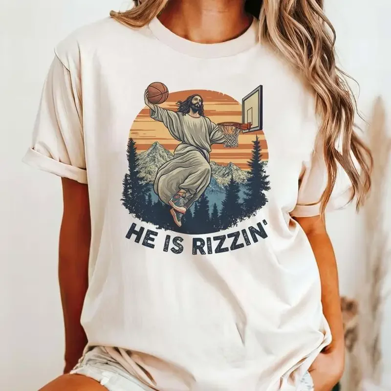 He Is Rizzin' Funny Jesus Playing Basketball T Shirt Retro Y2K Christian Faith Humor Easter Hilarious Holiday Apparel