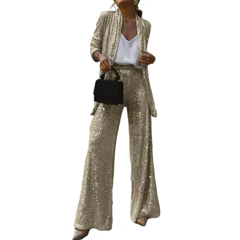 Elastic Waist Sequin Pants Elegant Sequin Cardigan Wide Leg Pants Set for Women Formal Commute Style Coat with High Waist Pants