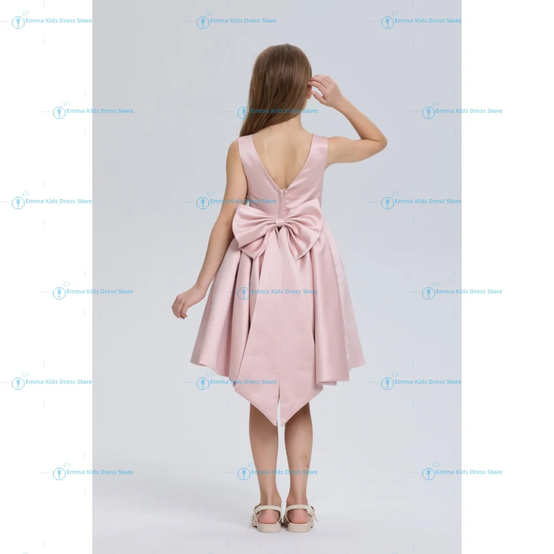 Custom Pink Satin Flower Girl Dress Featuring A SleevelessWedding High-Waisted Design And A Short Skirt—Perfect For  Parties An