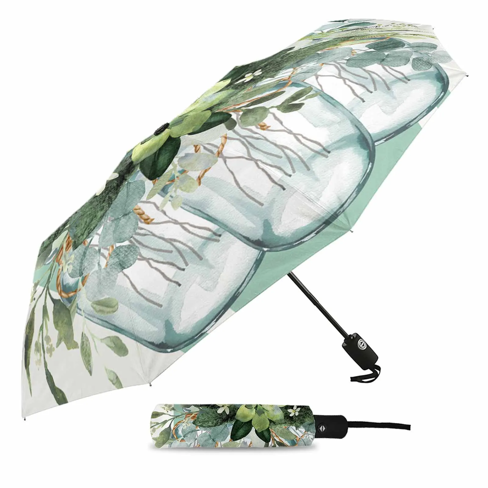 Summer Eucalyptus Leaf Stripes Fully-automatic Umbrella for Outdoor Kids Adults Printed Umbrella Foldable Eight Strand Umbrella