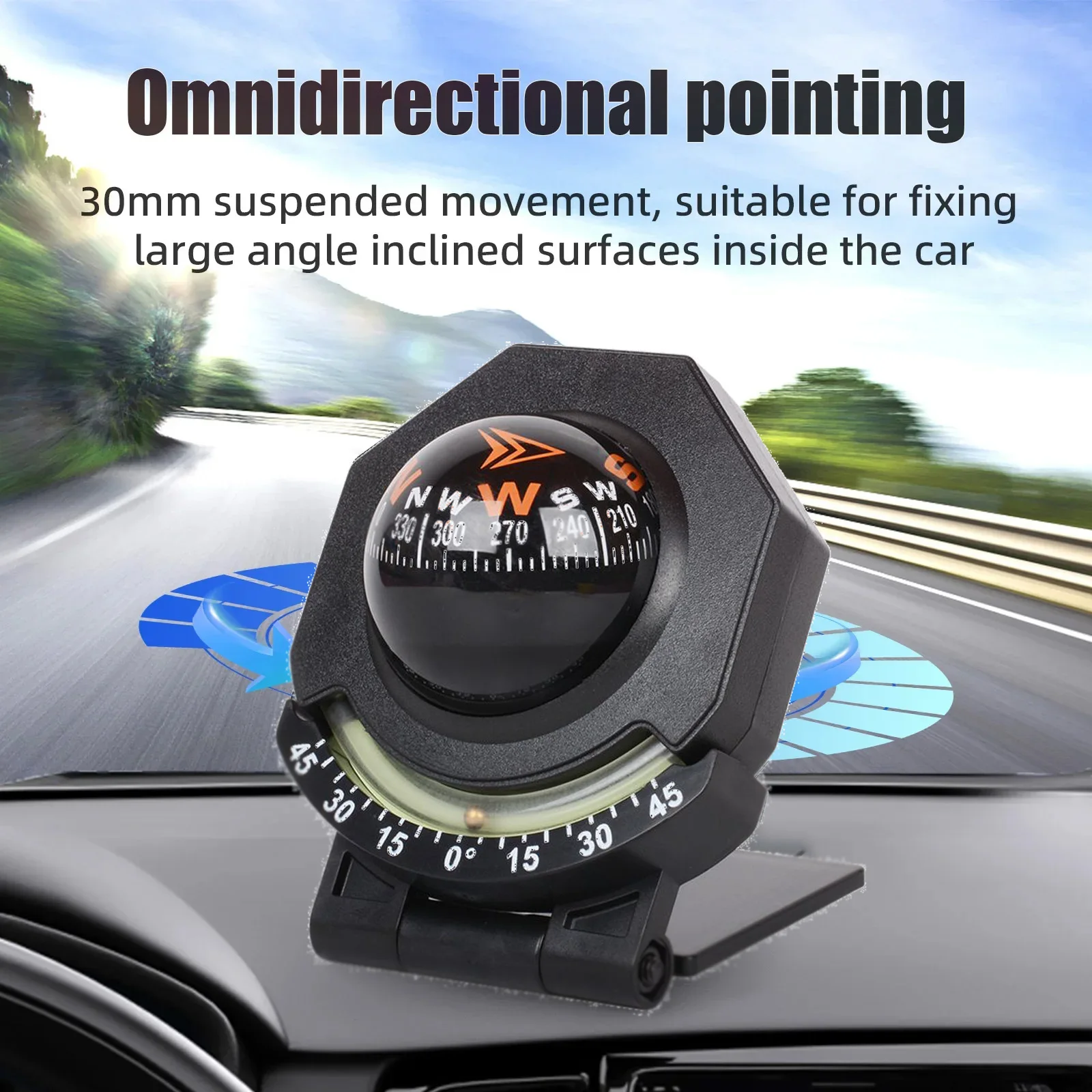 Multifunctional Car Compass Slope Meter Car Dashboard Mount Directional Navigation Compass Ball for Vehicle Boat Outdoor