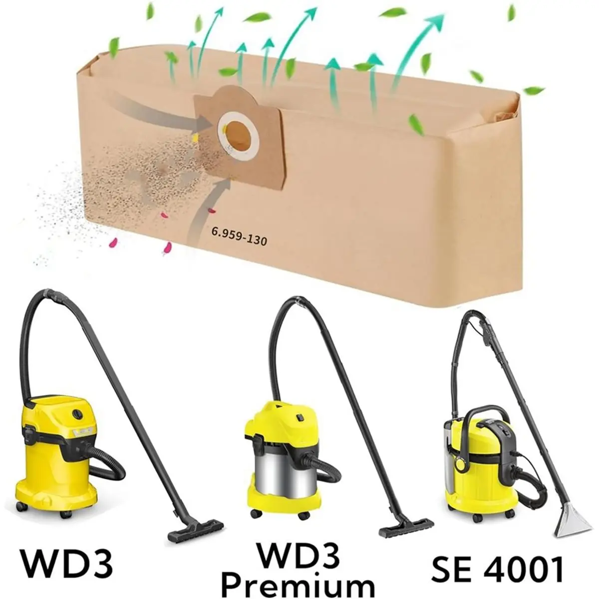 

Мешки для пылесоса WD3, 3 Premium, WD3200, WD3500P, MV3, MV3P Premium, A2204, A2534, SE4001, 6.959-130.0