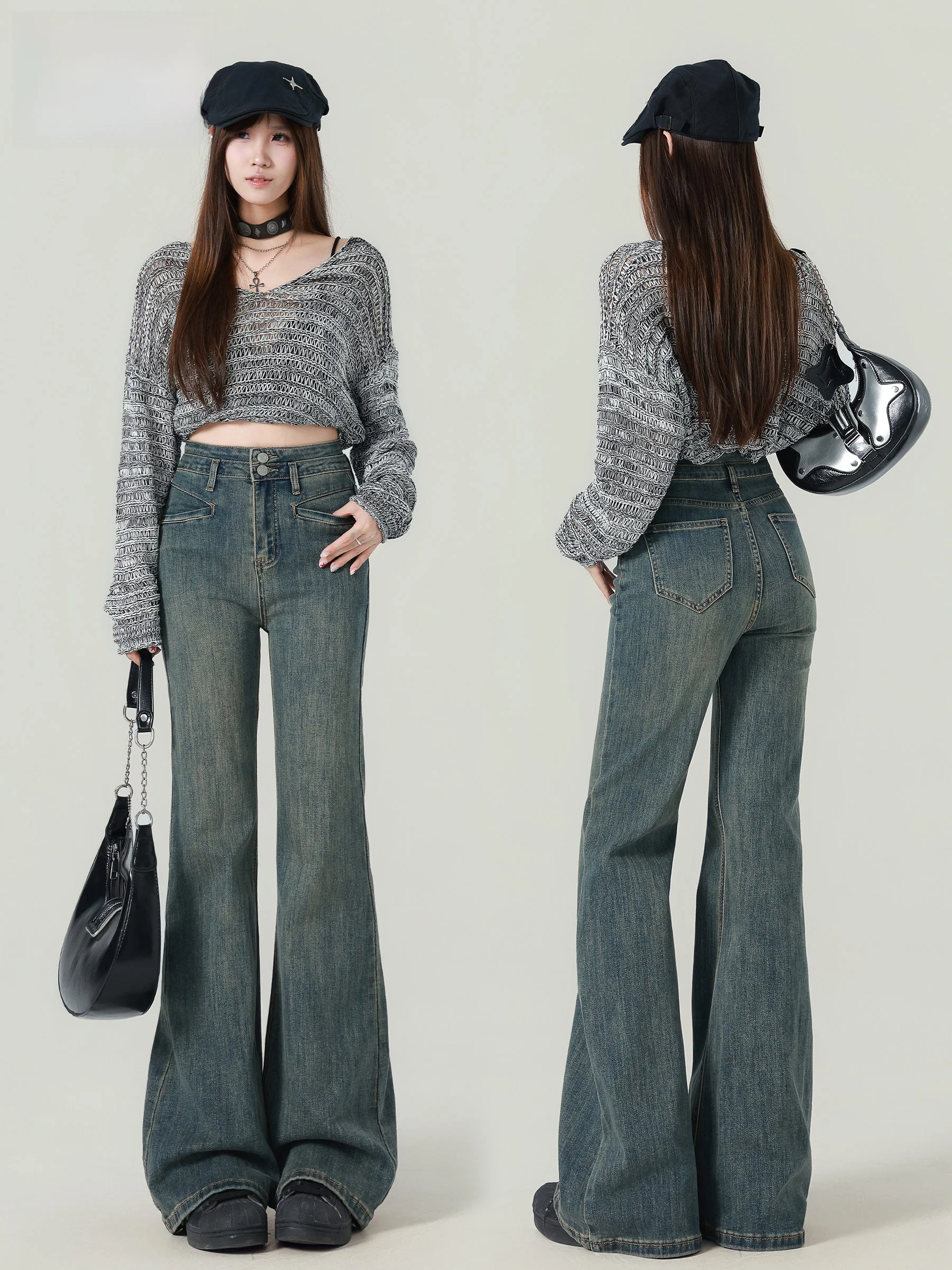 

American Retro High Waist Bell Bottom Jeans Women's Autumn 2026 New Elastic Slimming Hoof Flared Pants Casual Style