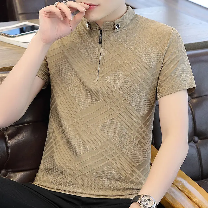 Business Casual 2024 Summer Men's New Spliced Polo Shirt Zipper Hollow Out Rivet Fashion Solid Slim Short Sleeve T-shirt Tops