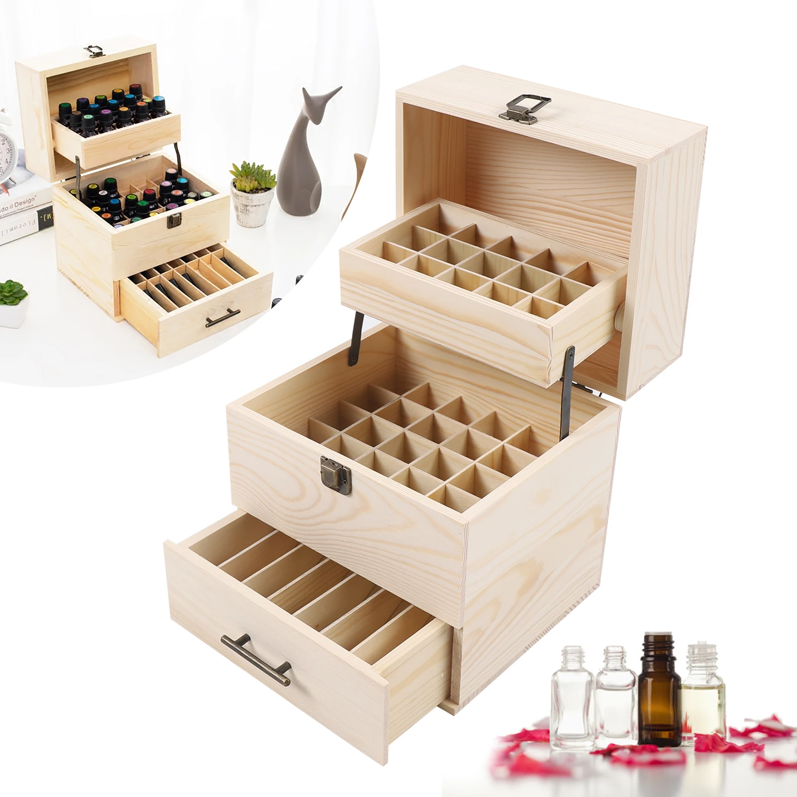 

3 Tier Essential Oil Storage Box Wooden Display Case Wood Container Organizer 59 Grid Wood Packaging High Quality