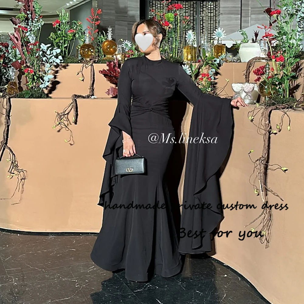 

Black Mermaid Evening Dresses Long Sleeve O Neck Formal Occasion Dress for Women Arabian Dubai Prom Party Gown Floor Length