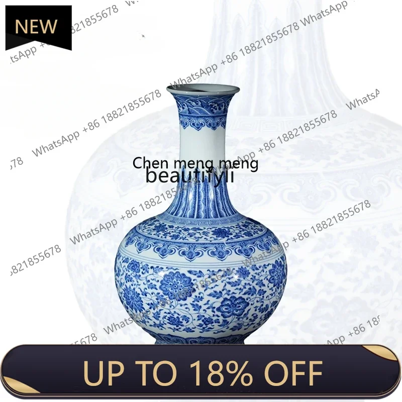 

P178 Jingdezhen blue and white porcelain hand-painted ceramic living room entrance ornaments entangled lotus vase home decor