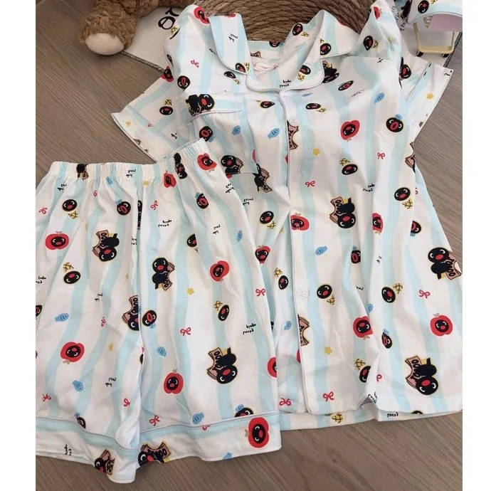 طقم بيجامات نسائي كارتون سانريو هالو كيتي شورت قصير الأكمام صيفي وردي أبيض مخطط ملابس منزلية بدلة نوم للطلاب