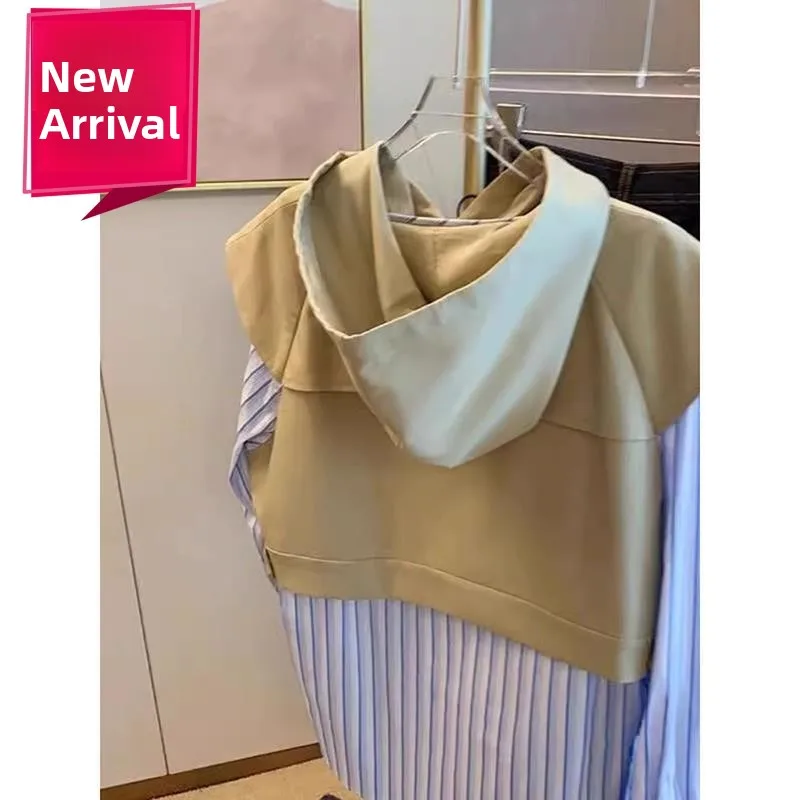 大きいサイズのパーカー、ロングスリーブ、レタープリント、レディース、フェイクツーピースデザイン、カジュアルで快適なポリエステル繊維、春秋