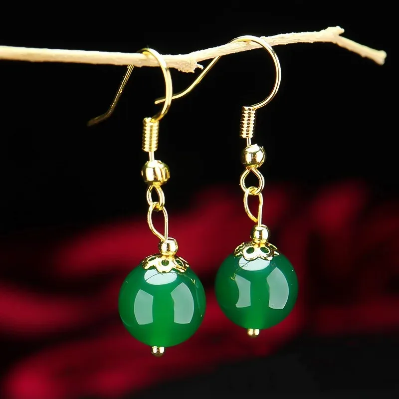 

Natural Green Chalcedony Hand-carved Round Bead Earrings Fashion Jewelry Women Green Crystal Earrings Gift