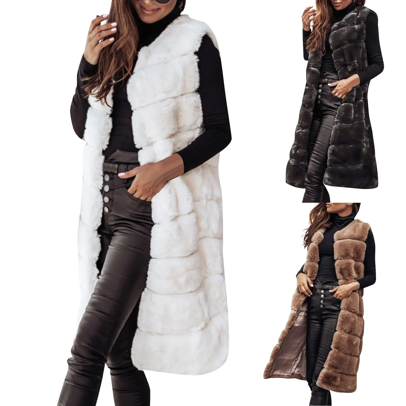 

Luxury Women Faux Fur Jackets Sleeveless Slim Long Faux Fur Vest Gilet Furry Warm Winter Overcoat Women chamarras para mujeres