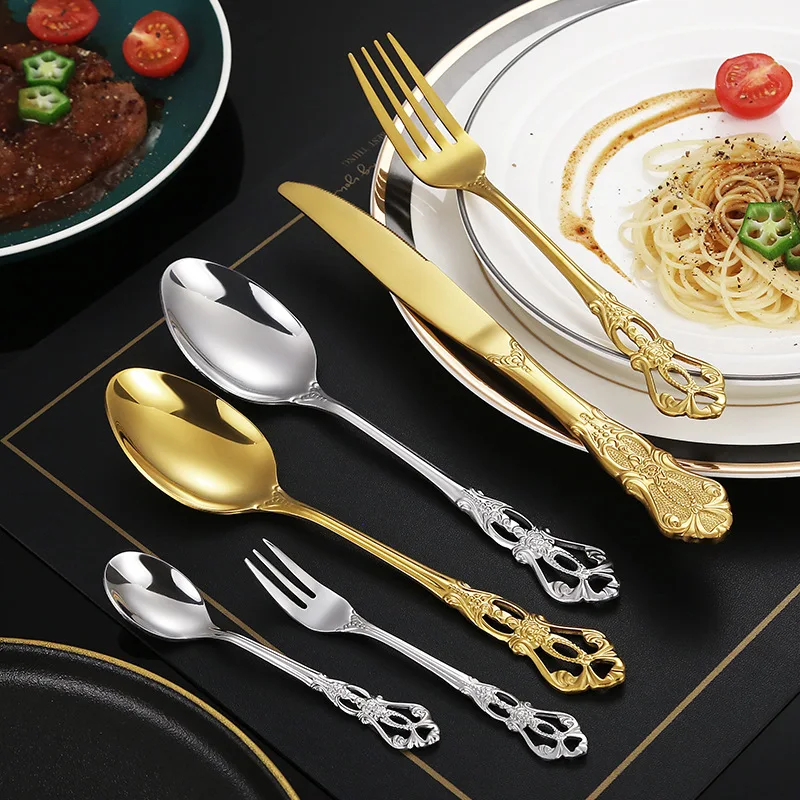 Stainless steel tableware set with European relief knives, forks, spoons, and Western tableware