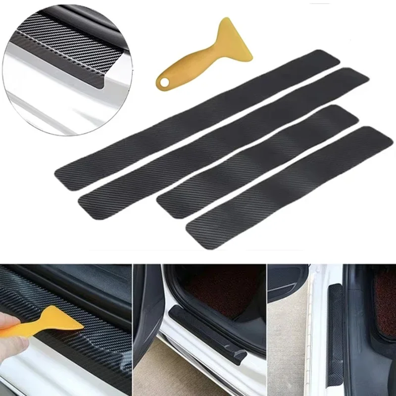 4Pcs Universal Car Door Protector Plate Stickers Carbon Fiber Look Auto Sticker Sill Scuff Cover Anti Scratch Decal with Scraper