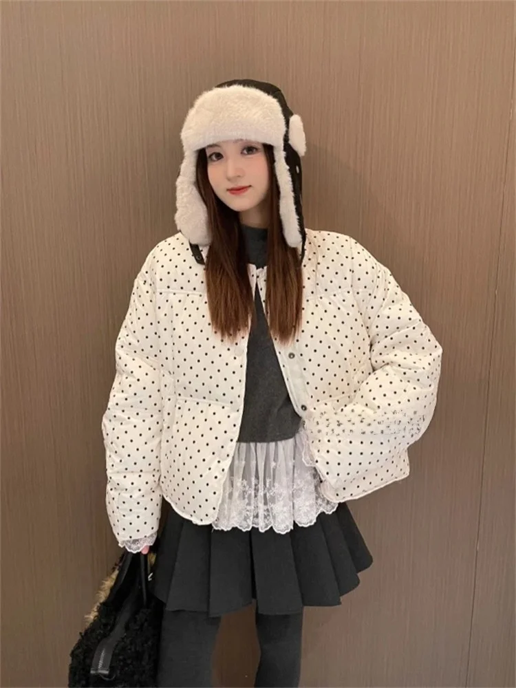 

Original Design Polka Dot Cotton Jaet for Women Spring Season Unique Sli Korean Sle Loose Fit Long Sve round Ne