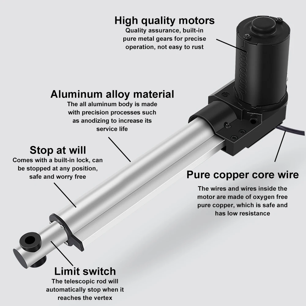 Электрический линейный актуатор 6000Н с бесшумным двигателем постоянного тока, дистанционным управлением, 12-48В, высокой тягой, низким уровнем шума, U-образный, для поворотных кроватей и лифтов