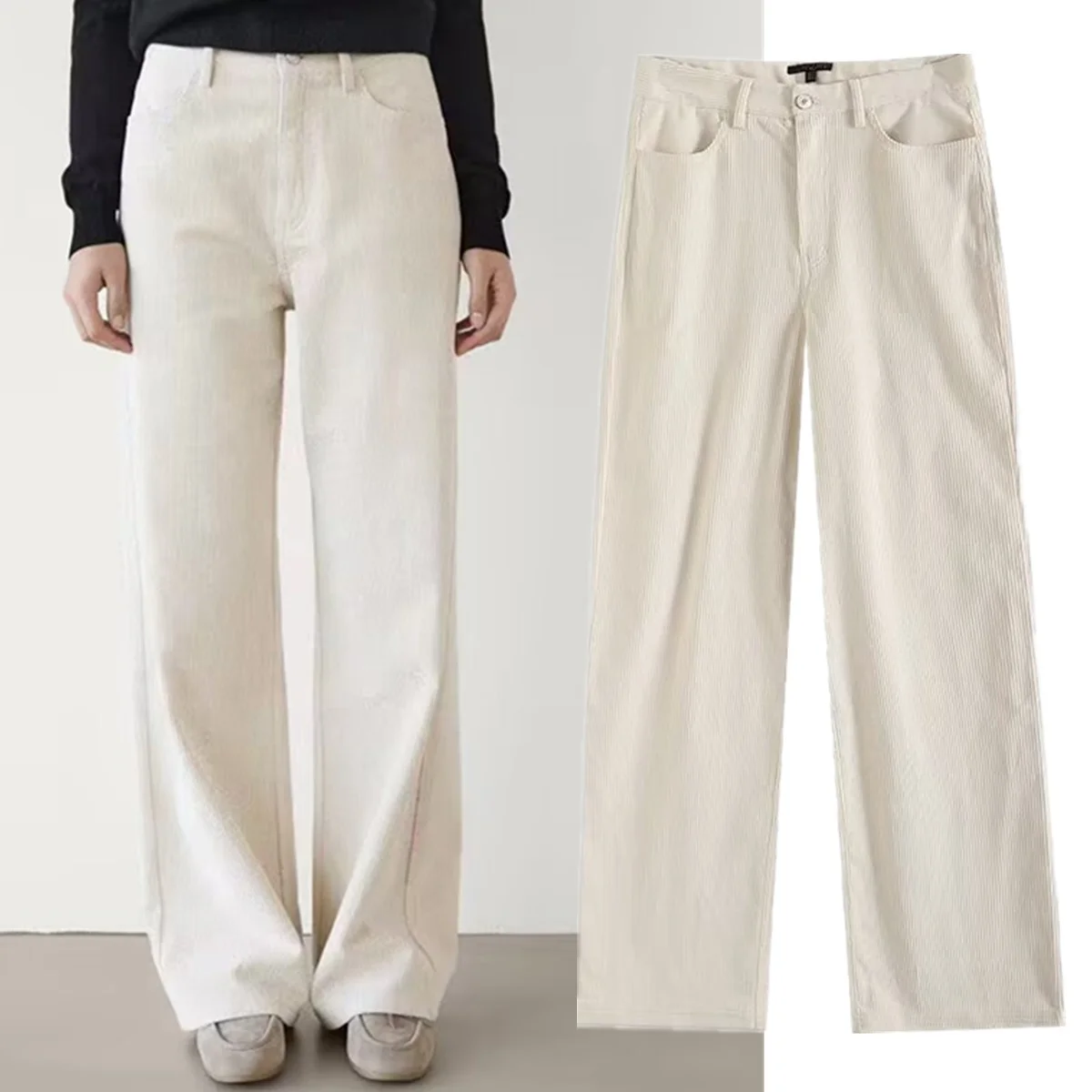 

Jenny&Dave French 2026 Spring Commuter Casual Straight Pants Minimalist Beige Corduroy Basic Style Long Pants For Women Trousers