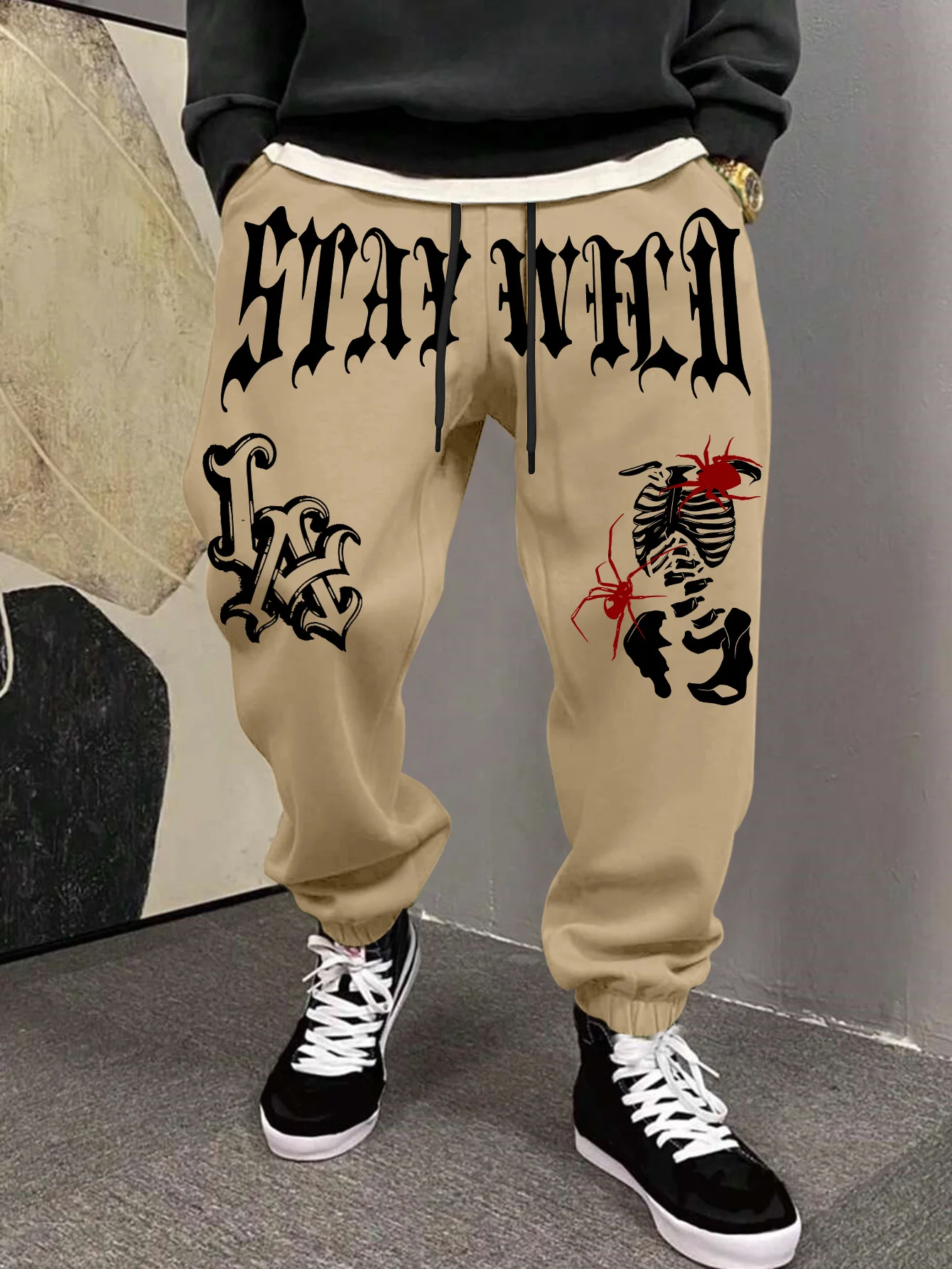 Men's Retro Dark Grunge Gothic Letter Skeleton Graphic Joggers Elastic Cuff Sweatpants Popular Vintage Streetwear Casual Pants