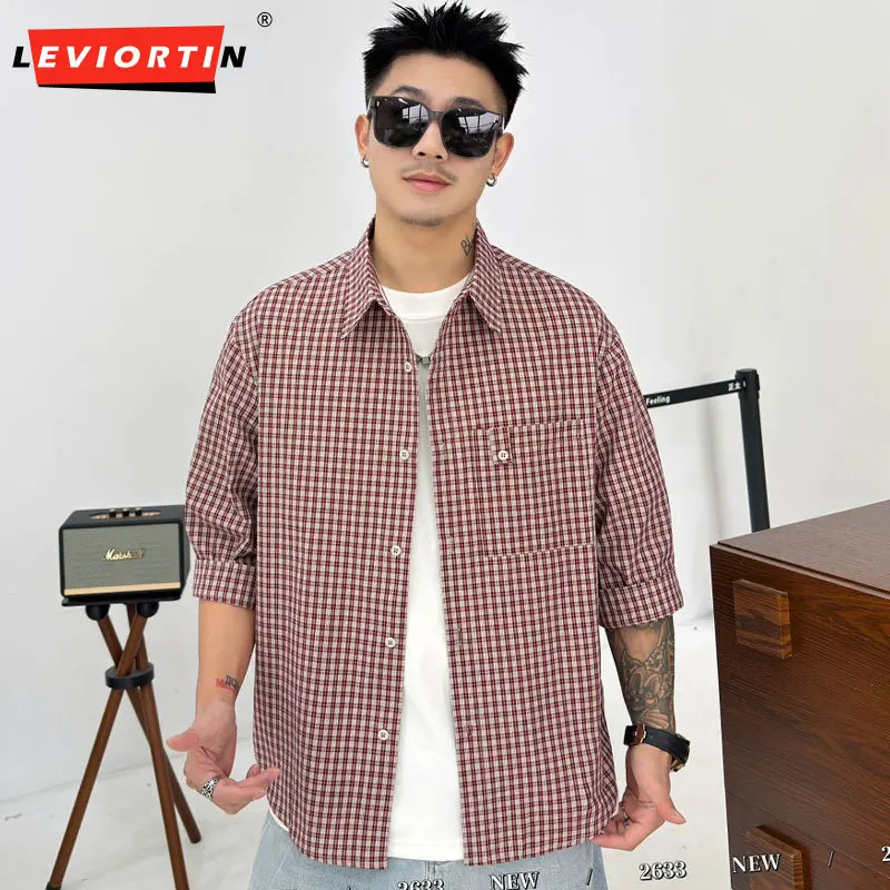 Camisa Vintage de Algodão Xadrez de Manga Média para Homens e Mulheres, Casual de Verão com Bolso no Peito, Respirável, Solta, com Botões