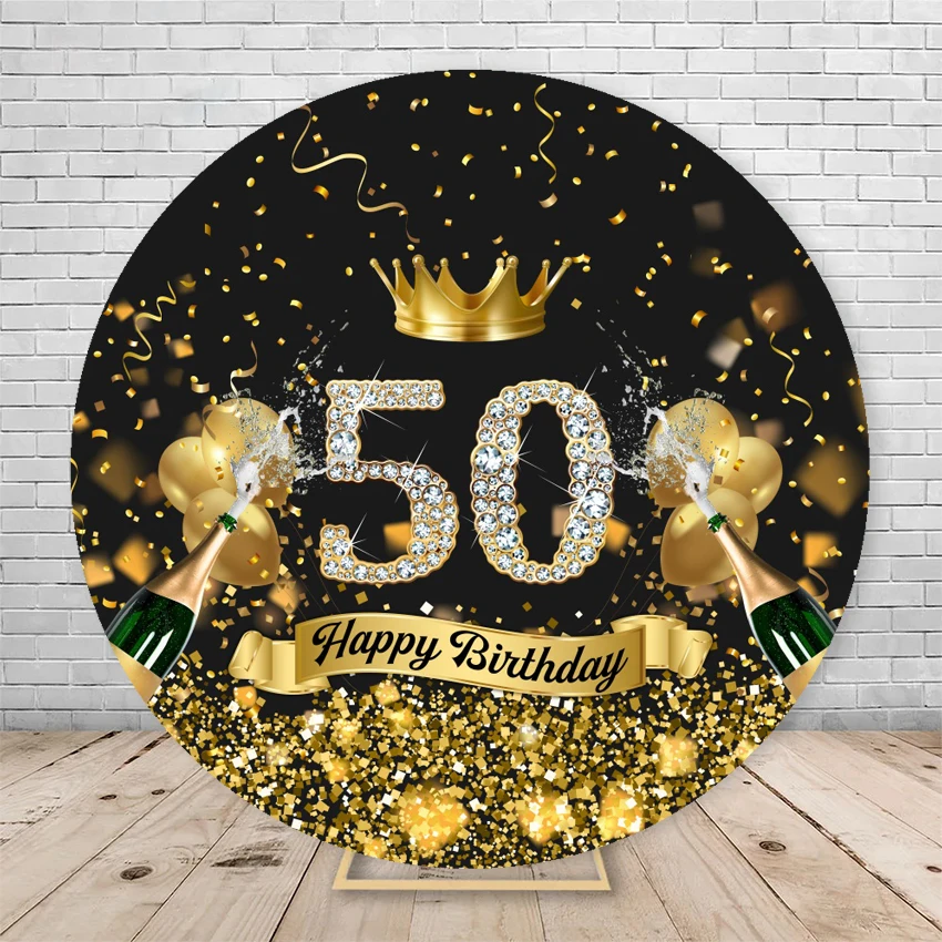 Men\'s Custom Happy Birthday Round Background Cover Boy Navy Blue Black Gold Birthday Party Circle Photo Photography Background