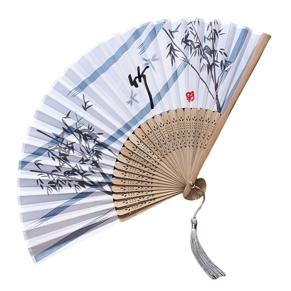 Decorative Fan Elegant Chinese Faux Silk Cloth Fan Exquisite Print Tassel Performance Dance Durable Folding Fan