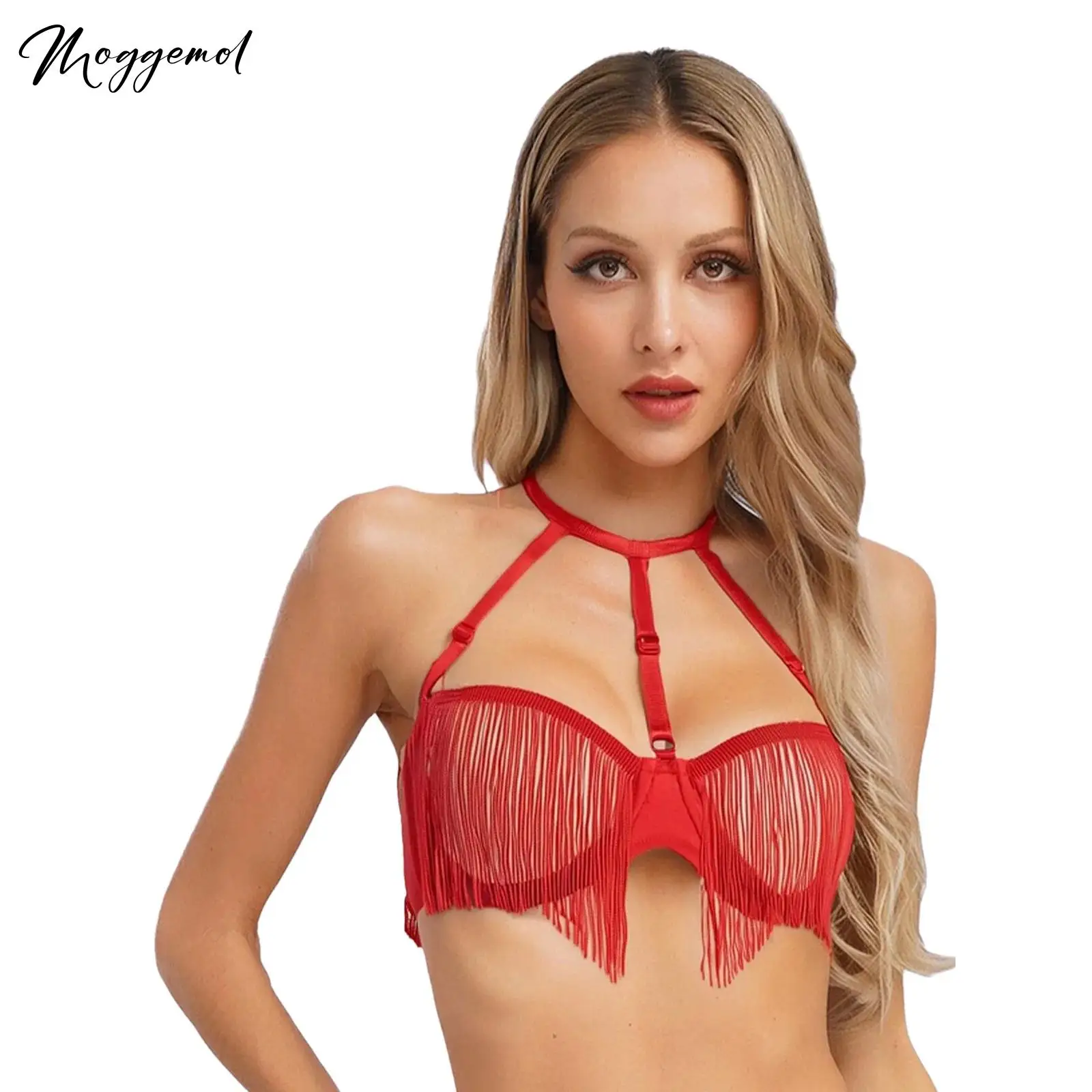 

Womens Sexy Tassel Hollow Out Cup Bra Halter Push Up Underwire Balconette Bralette Fringe Bra Cage Lingerie Top for Rave Club