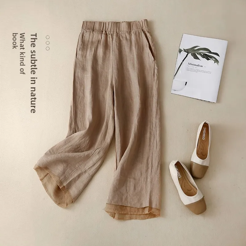 

Повседневные хлопковые и льняные широкие брюки с эластичной резинкой на талии, лоскутные летние женские брюки больших размеров, прямые брюки для поездок на работу