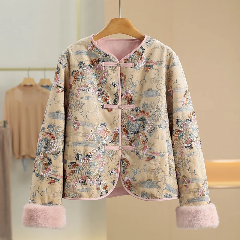 

Elegant Velvet down Jacket Embroidered with Fur And Sequins Chinese Style Women's Winter Coat Lightweight Long Sleeve