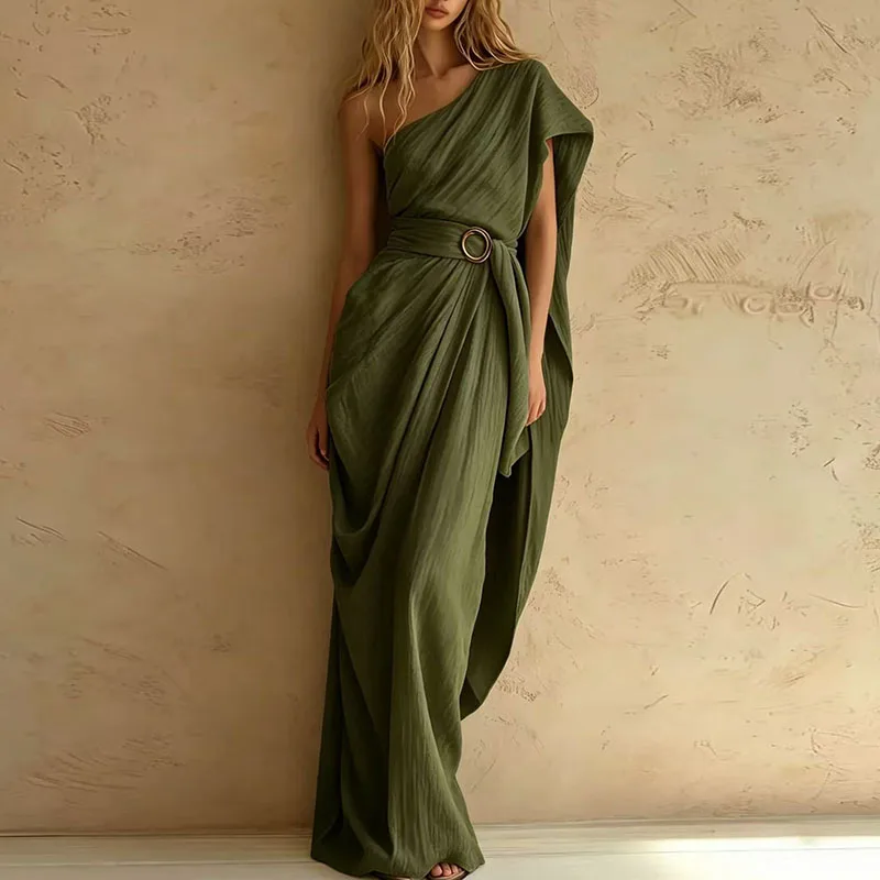 Women Crinkle Texture Solid One Shoulder Maxi Dress Draped Wrap Belted Waist With Ring Buckle Flowy Robe Summer Holiday Sundress - view 3