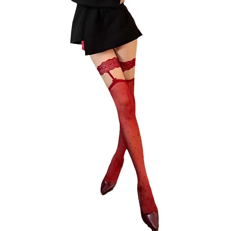 

Бордовые кружевные чулки выше колена в горошек, летние тонкие чулки-ботфорты с бантом, для создания эффекта красивых ног