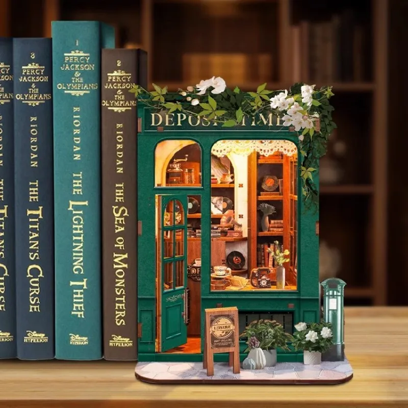 Ouzey 3d livro de madeira nook kit diy-inserto de estante de casa de bonecas em miniatura, cena de livraria retrô, presente criativo de decoração de casa