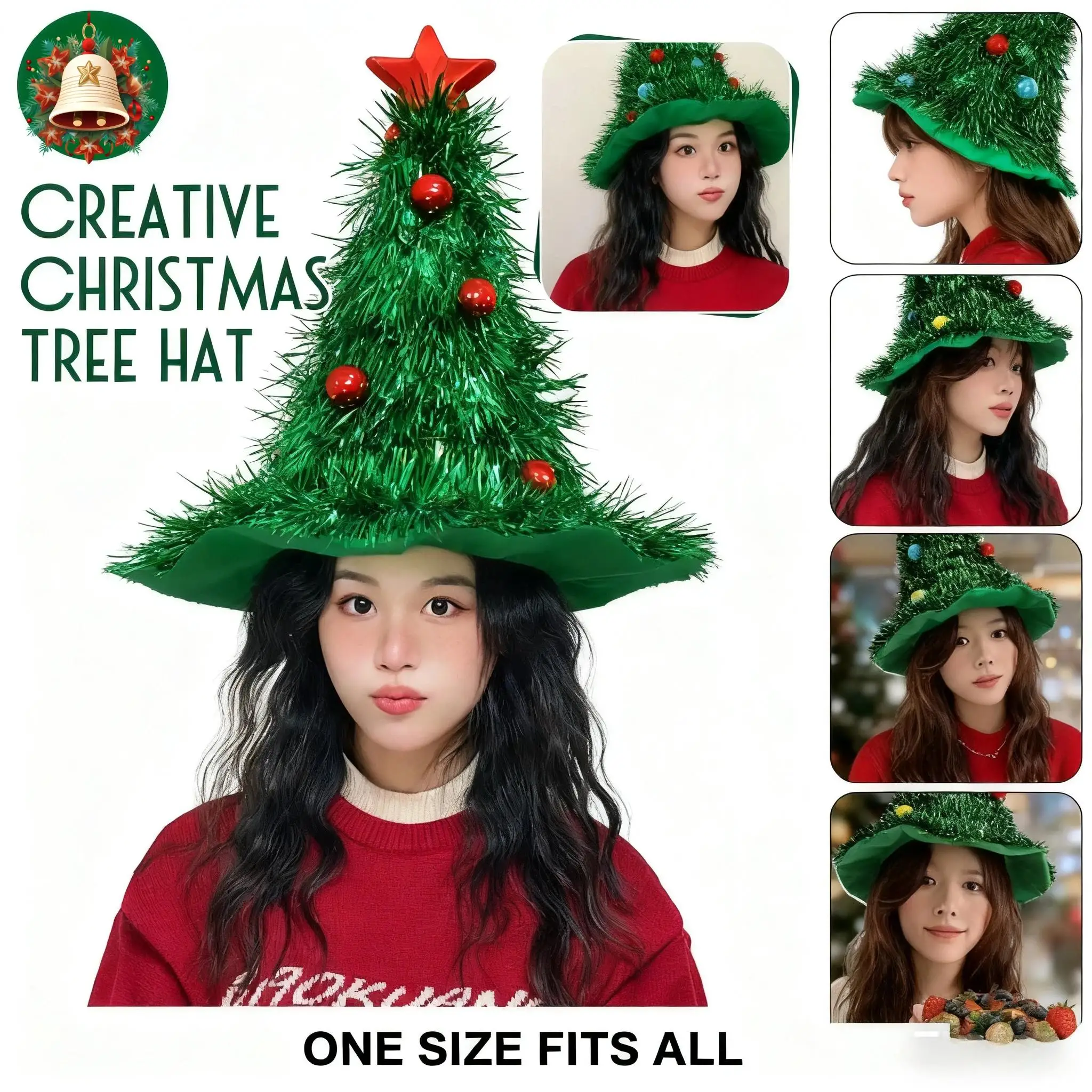1pc Green Christmas Tree Hat with Ball Decorations, Versatile Holiday Accessory for Xmas Parties Photography Props New Year