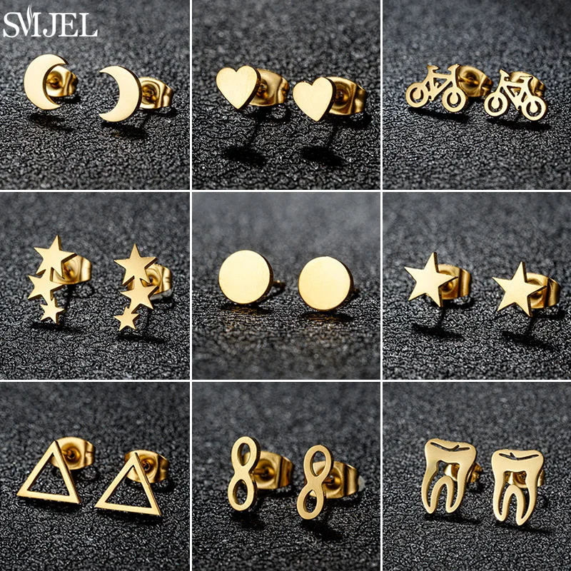 Golden Minimalist Stainless Steel Earings Small Heart Round Star Geometric Stud Earrings for Women Bicycle Fitness Sport Jewelry