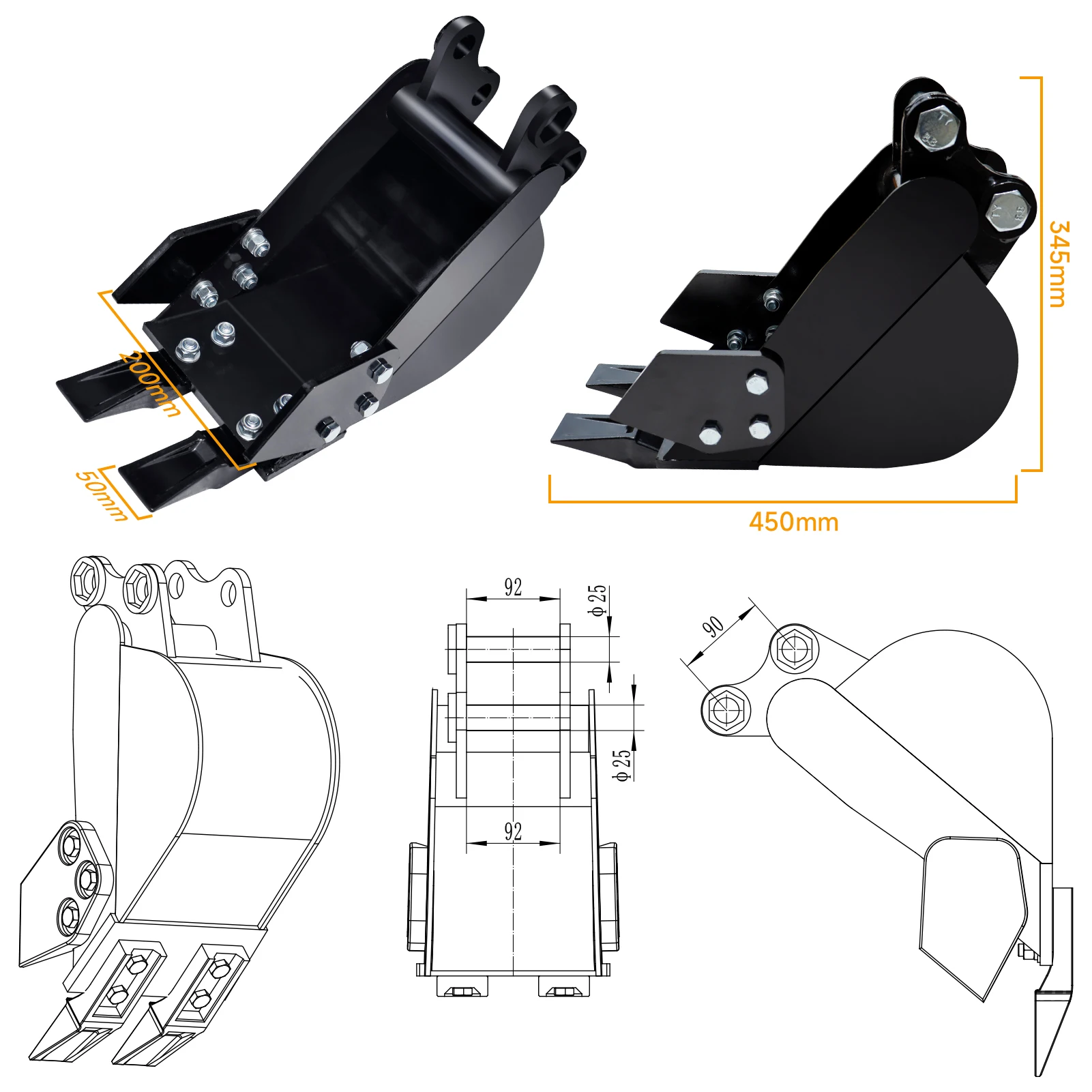 Bucket Attachment Kit para Mini Escavadeira, Estripador de Balde Estreito, Triagem Auger, Engate Rápido, EUA Shipping, 8Pcs