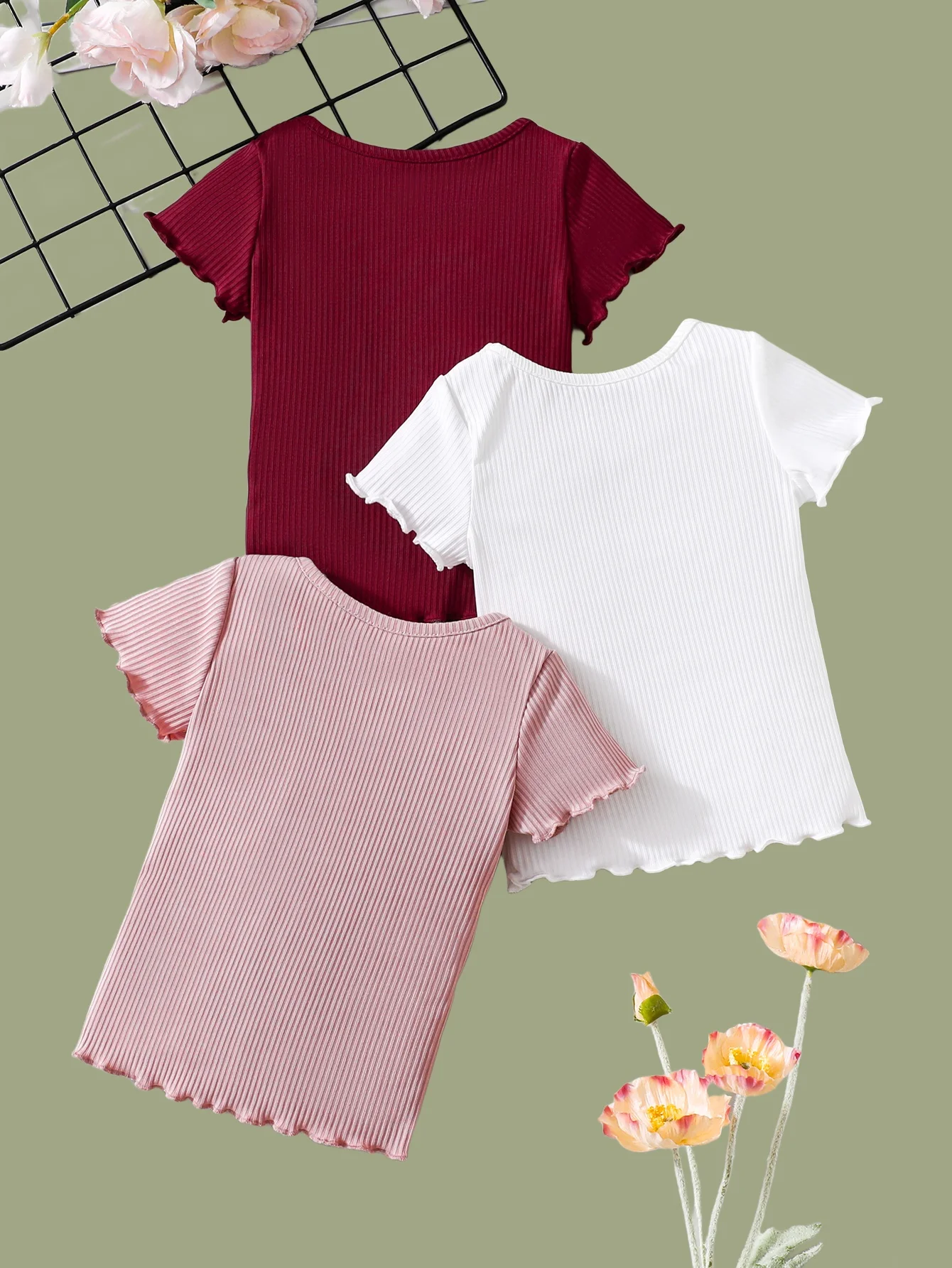 Summer children girls short-sleeved three-piece top comfortable wave lace unique casual solid color matching T-shirt