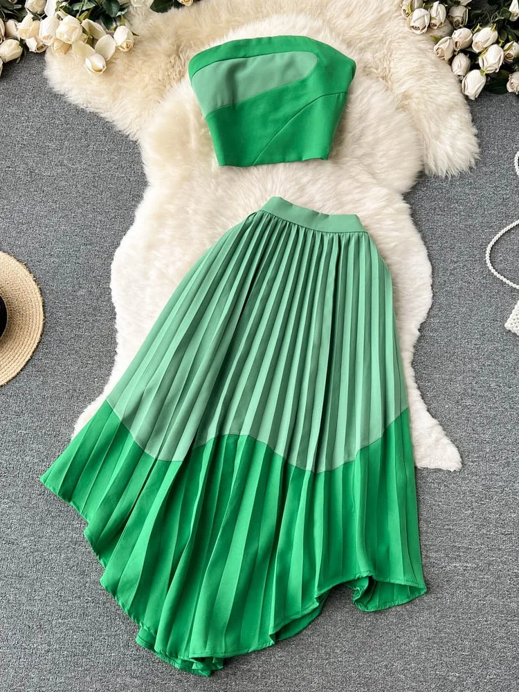 Women Strapless Sexy Skirt Sets Contrasting Slim Short Top & Pleated Midi Skirt Suits Summer Fashion Female Two Pieces Suits