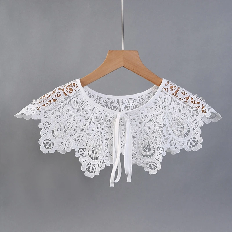 Women Hollow Out Crochet Lace Shawl Fake Collar Shiny Imitation Pearl Beaded Necklace Blouse Top Elegant Bowknot Capelet