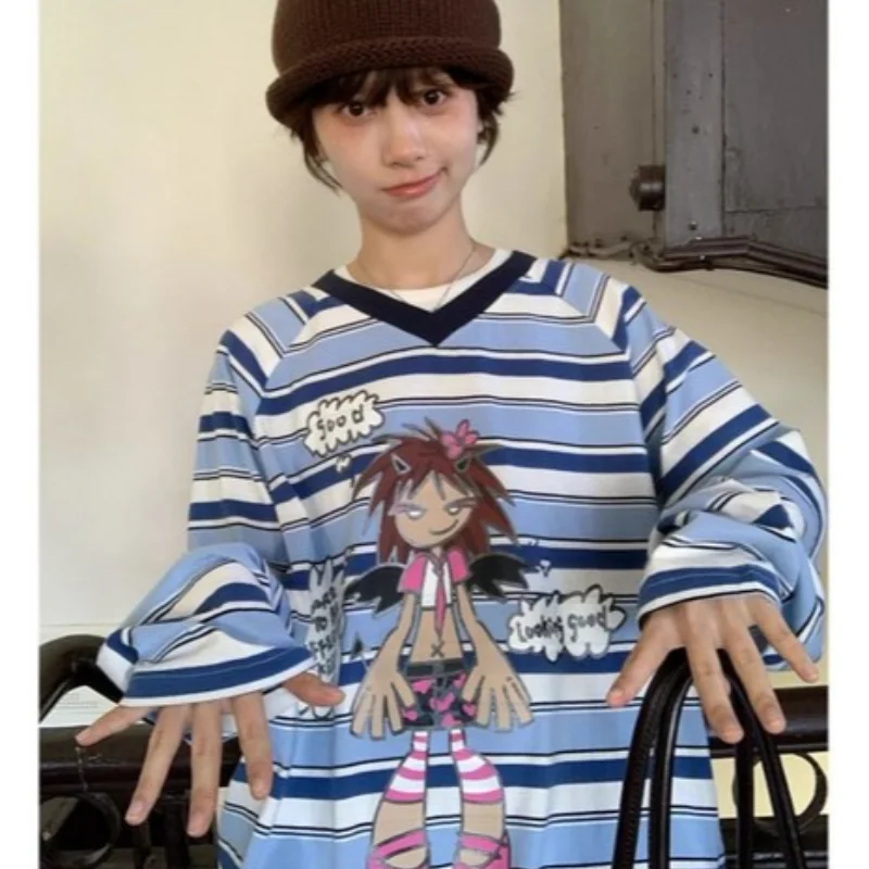 Y2K retro striped long sleeved T-shirt for women's autumn new style portrait print V-neck loose college style women's top emo