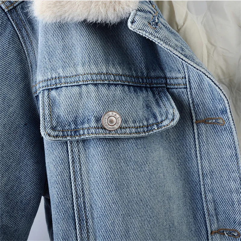 

Winter New Women Light Blue Short Denim Jacket Casual Lapel Long Sleeve Warm Lightweight Down Liner Female Jeans Jacket Coat