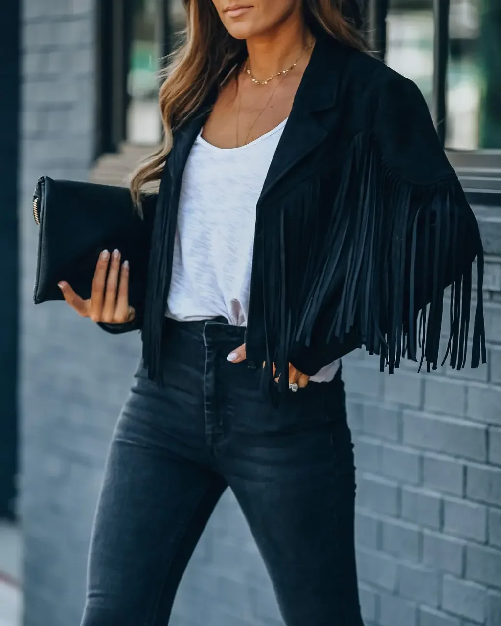 Fringed Bomber Jacket Women Spring Fashion Long Sleeve Turn-down Collar Open Stitch Slim Jackets