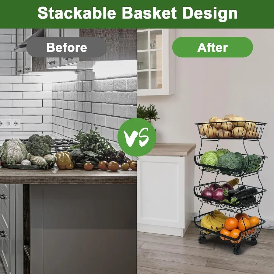 Fruit Vegetable Storage Basket Kitchen Fruit Vegetable Storage Cart 4 Tier Stackable Metal Wire Storage Baskets with Wheels Pro