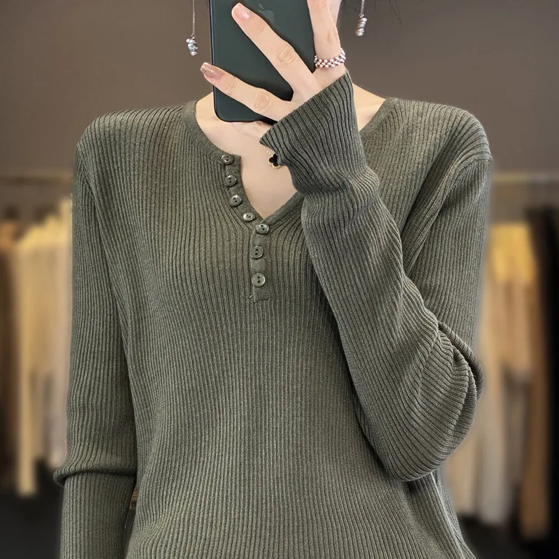 

Worsted wool half-open V-neck sweater women's spring and autumn thin stretch sweater slimming long sleeve base top